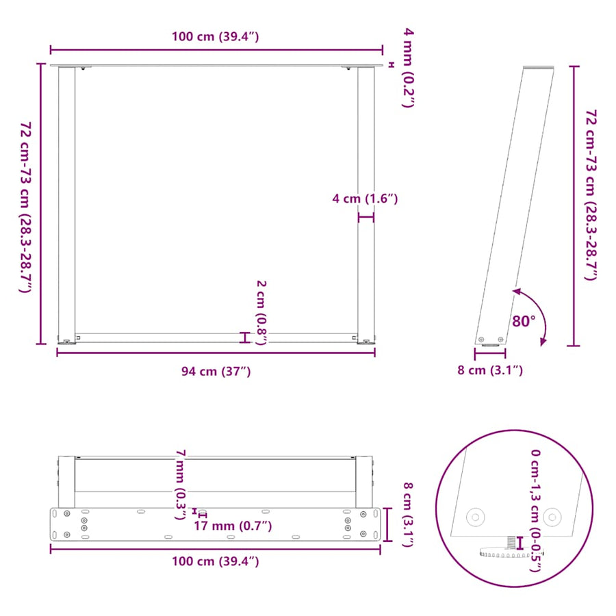 Eettafelpoten 2 St U-Vormig Staal 100 x (72-73) cm Naturel