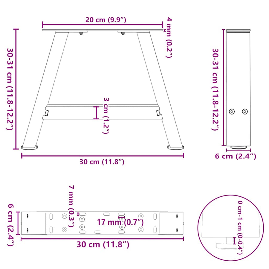 Salontafelpoten 2 st A-vormig 30x(30-31) cm staal zwart