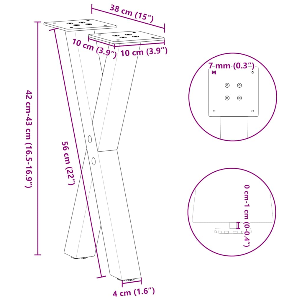Salontafelpoten 2 st X-vormig 38x(42-43) cm staal zwart
