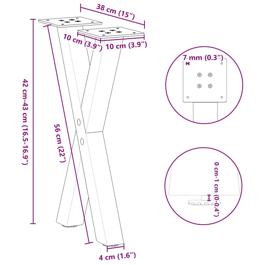 Salontafelpoten 2 st X-vormig 38x(42-43) cm staal zwart