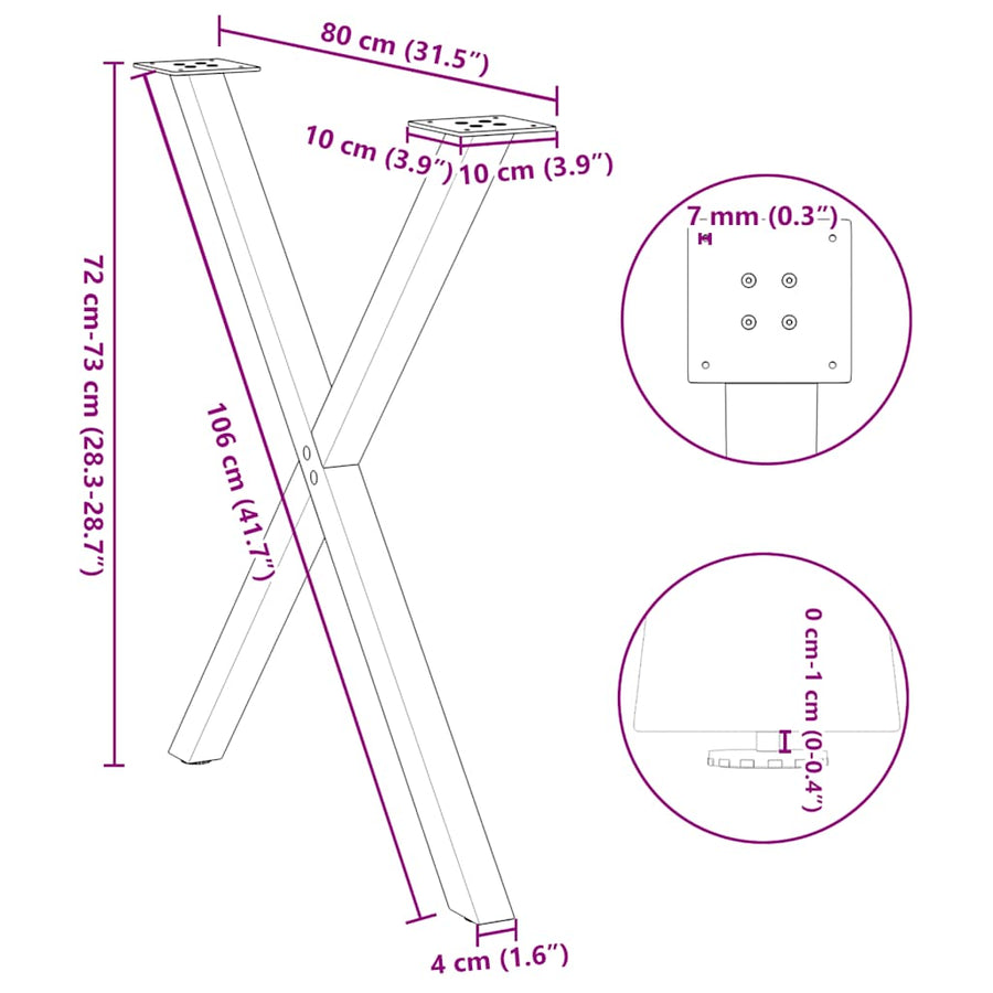 Eettafelpoten X-Vormig 80X(72-73) Cm Staal Naturel 80 x (72-73) cm (40 mm)