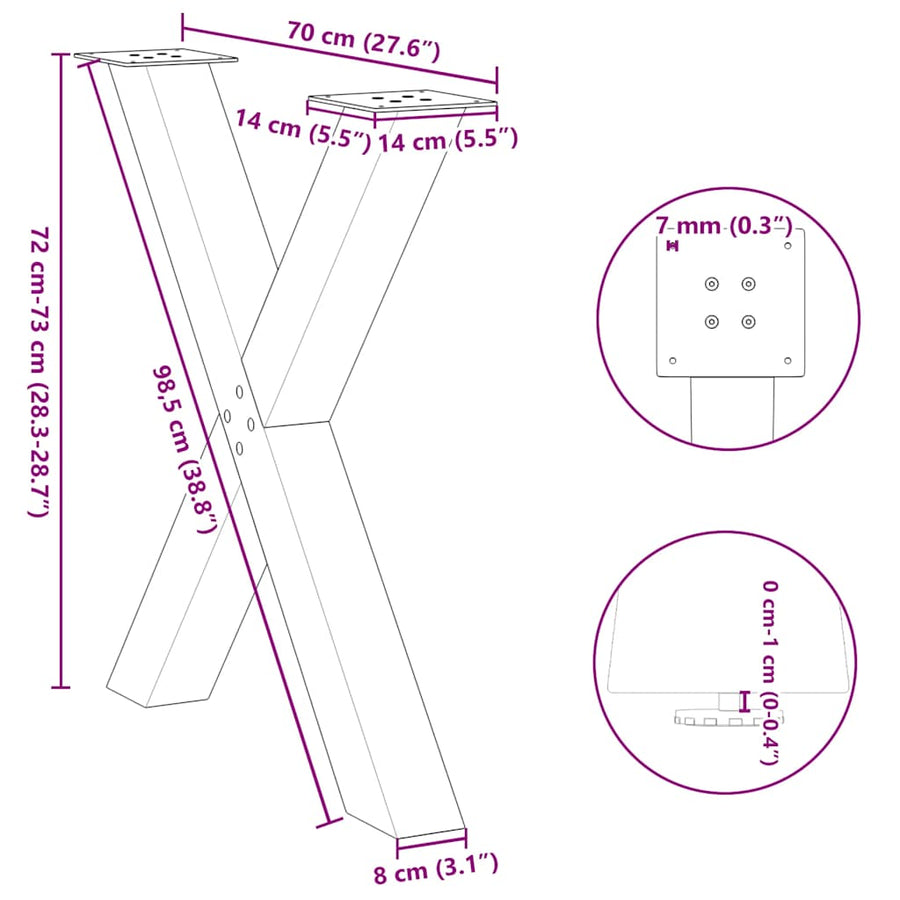 Eettafelpoten 2 st X-vormig 70x(72-73) cm staal zwart