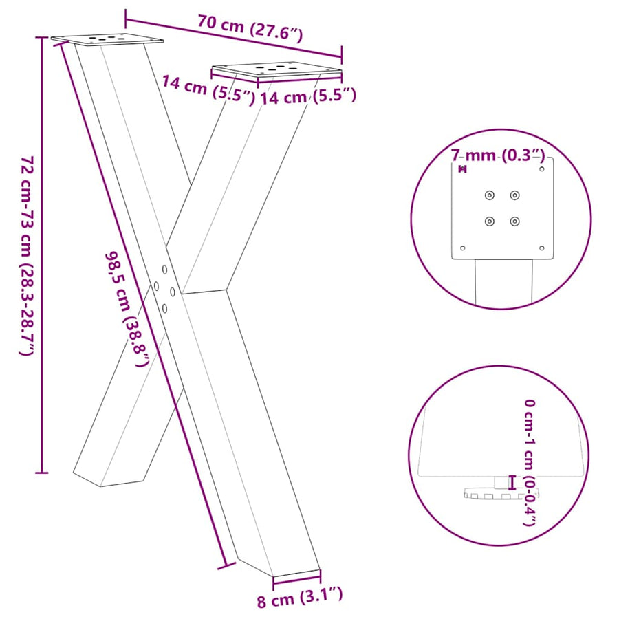 Eettafelpoten 3 st X-vormig 70x(72-73) cm staal antraciet