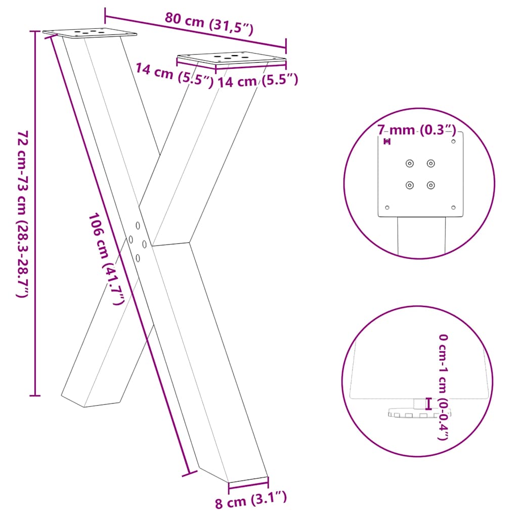 Eettafelpoten X-Vormig 80X(72-73) Cm Staal Naturel 80 x (72-73) cm (80 mm)
