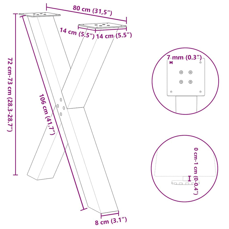 Eettafelpoten X-Vormig 80X(72-73) Cm Staal Naturel 80 x (72-73) cm (80 mm)