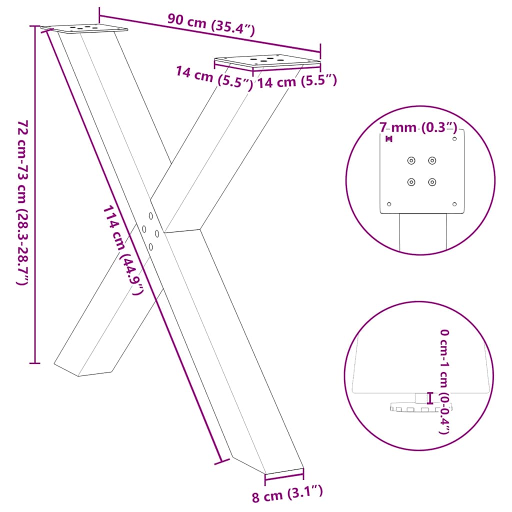 Eettafelpoten 3 st X-vormig 90x(72-73) cm staal wit