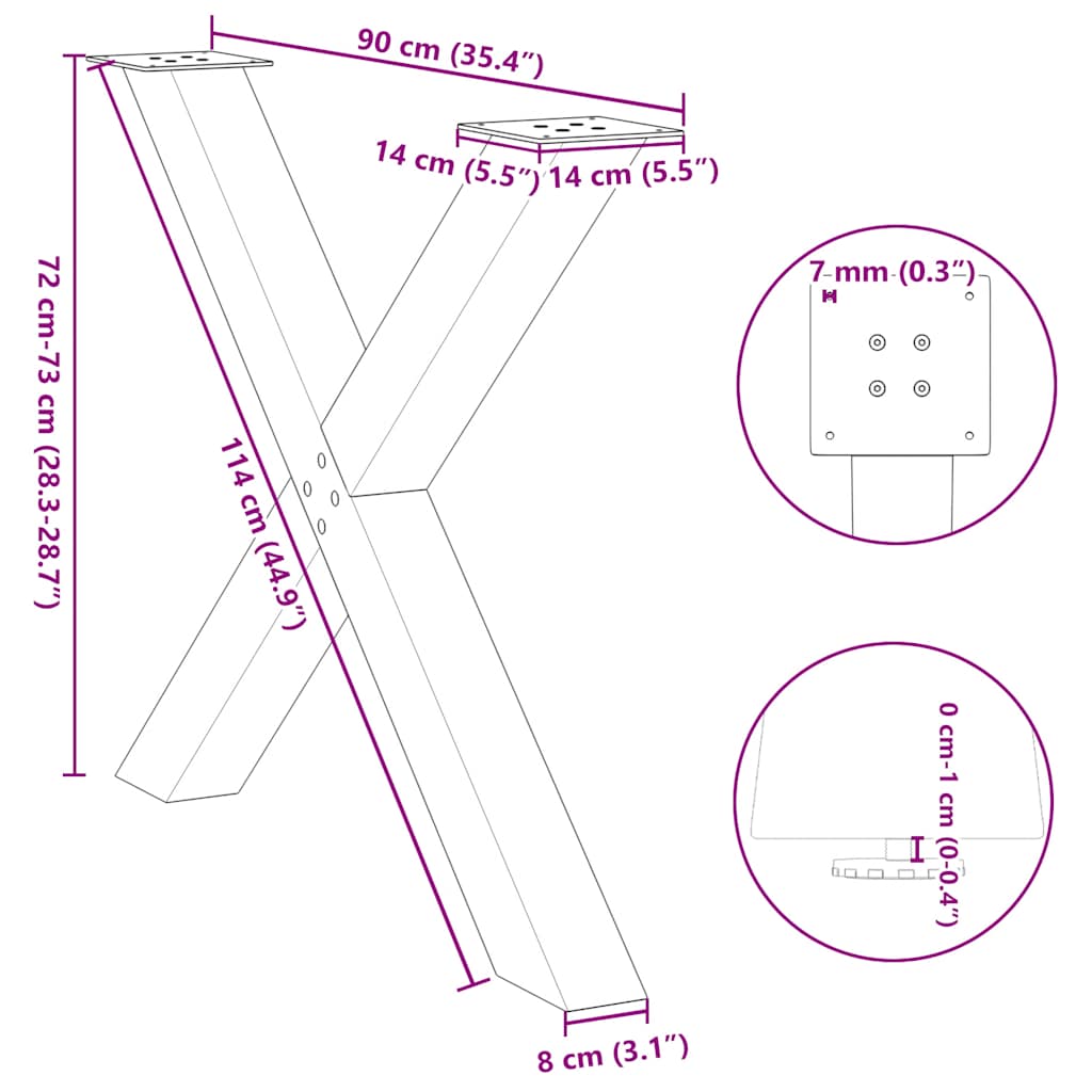 Eettafelpoten X-Vormig 90X(72-73) Cm Staal Naturel 90 x (72-73) cm (80 mm)