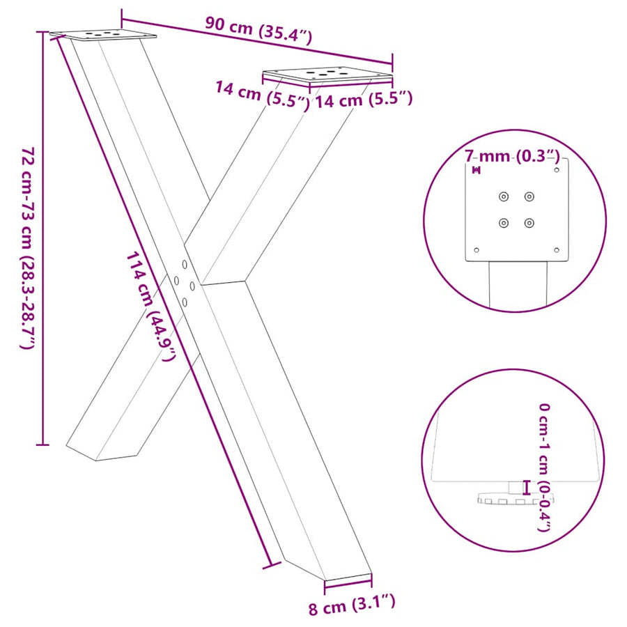 Eettafelpoten X-Vormig 90X(72-73) Cm Staal Naturel 90 x (72-73) cm (80 mm)