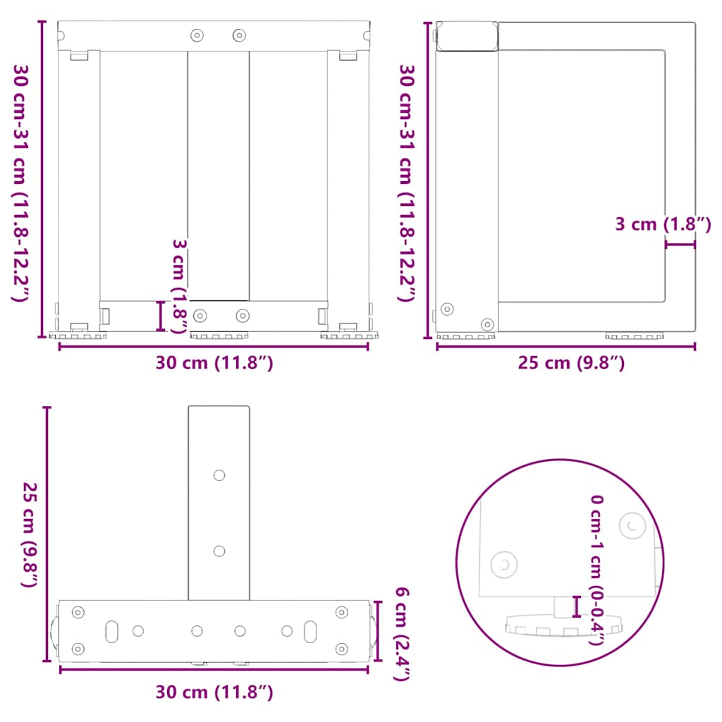 Salontafelpoten 2 St T-Vormig Staal Naturel 30 x 25 x (30-31) cm