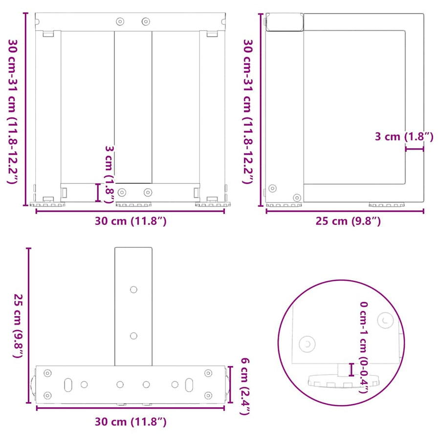 Salontafelpoten 2 St T-Vormig Staal Naturel 30 x 25 x (30-31) cm