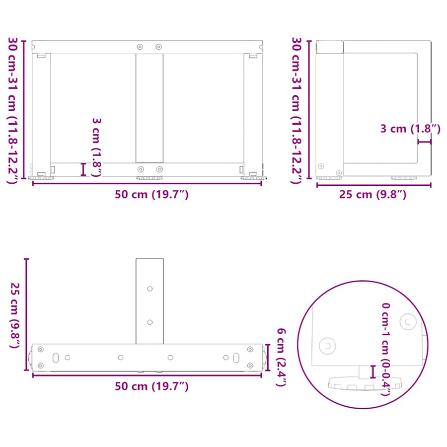 Salontafelpoten 2 st T-vormig 50x25x(30-31) cm staal zwart