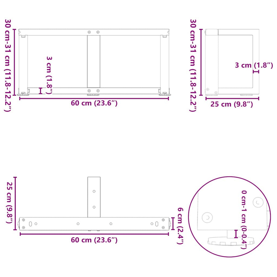 Salontafelpoten 2 st T-vormig 60x25x(30-31) cm staal zwart