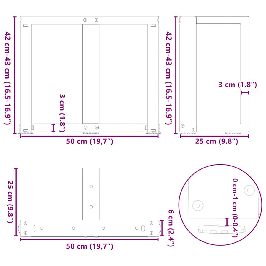 Salontafelpoten 2 st T-vormig 50x25x(42-43) cm staal naturel