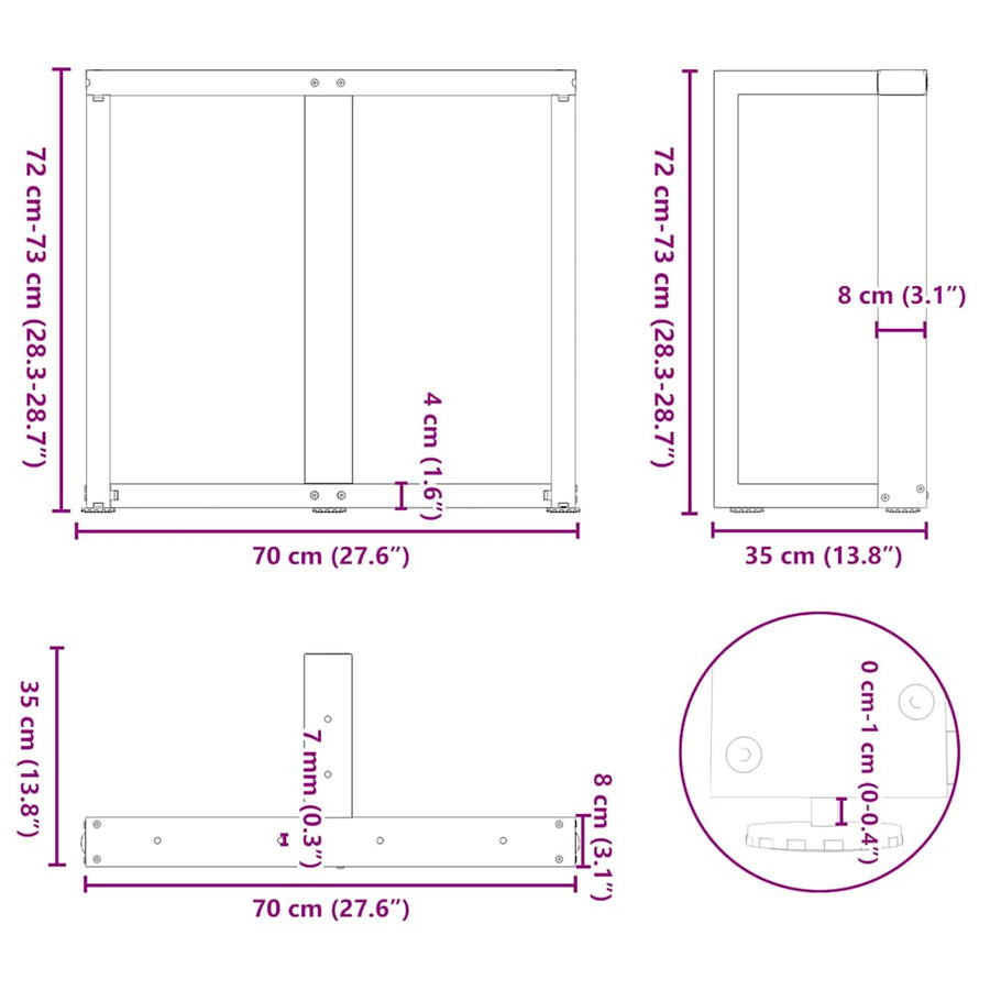 Eettafelpoten 2 st T-vormig 70x35x(72-73) cm staal zwart