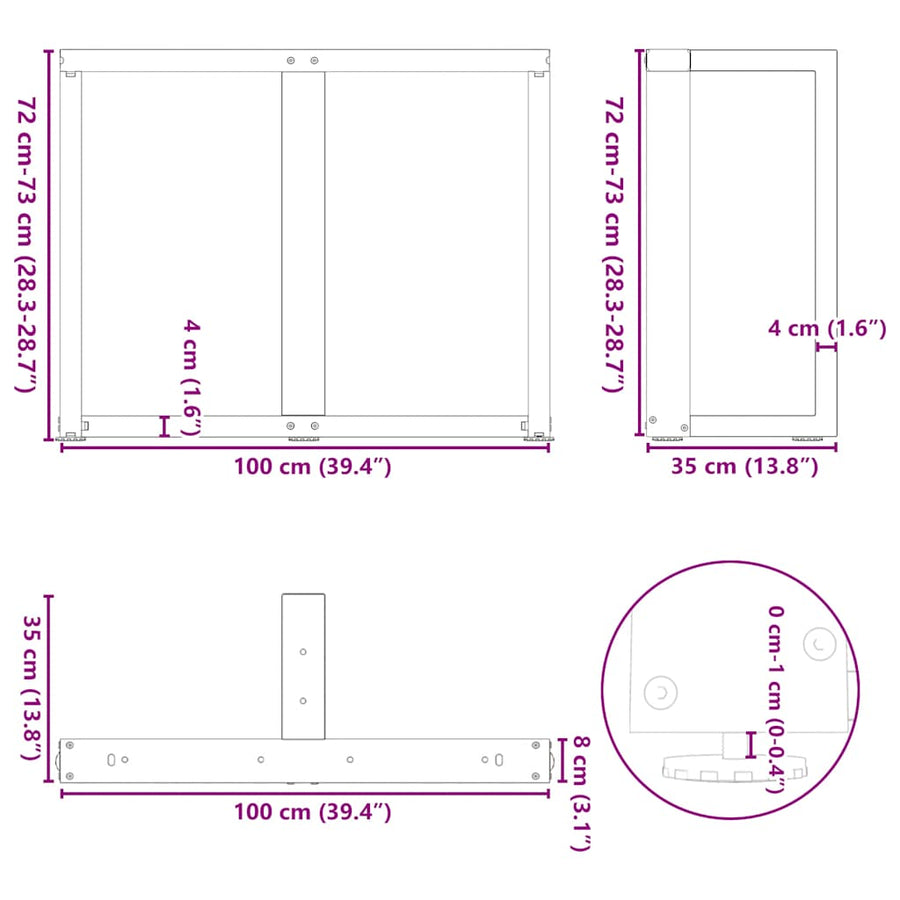 Eettafelpoten 2 st T-vormig 100x35x(72-73) cm staal wit