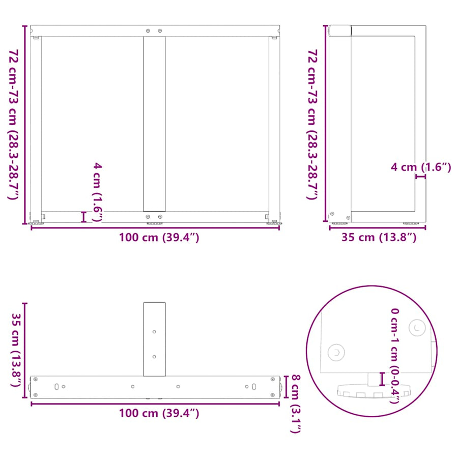 Eettafelpoten 2 st T-vormig 100x35x(72-73) cm staal antraciet