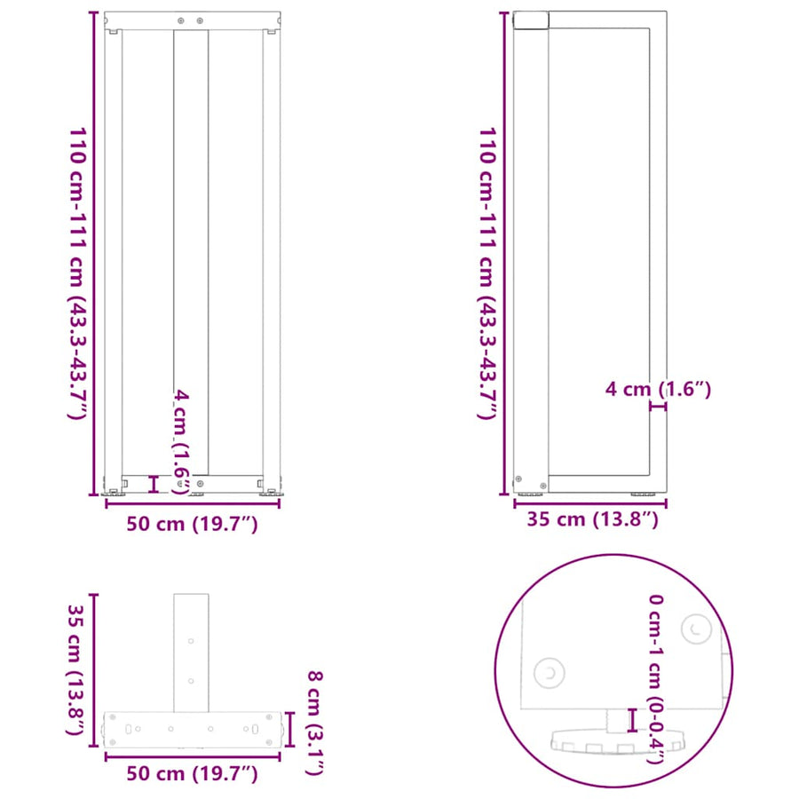 Bartafelpoten 2 St T-Vormig Staal Naturel 50 x 35 x (110-111) cm