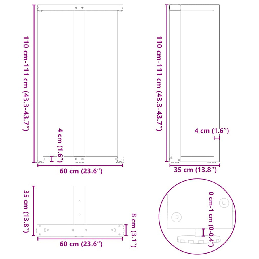 Bartafelpoten 2 St T-Vormig Staal Naturel 60 x 35 x (110-111) cm