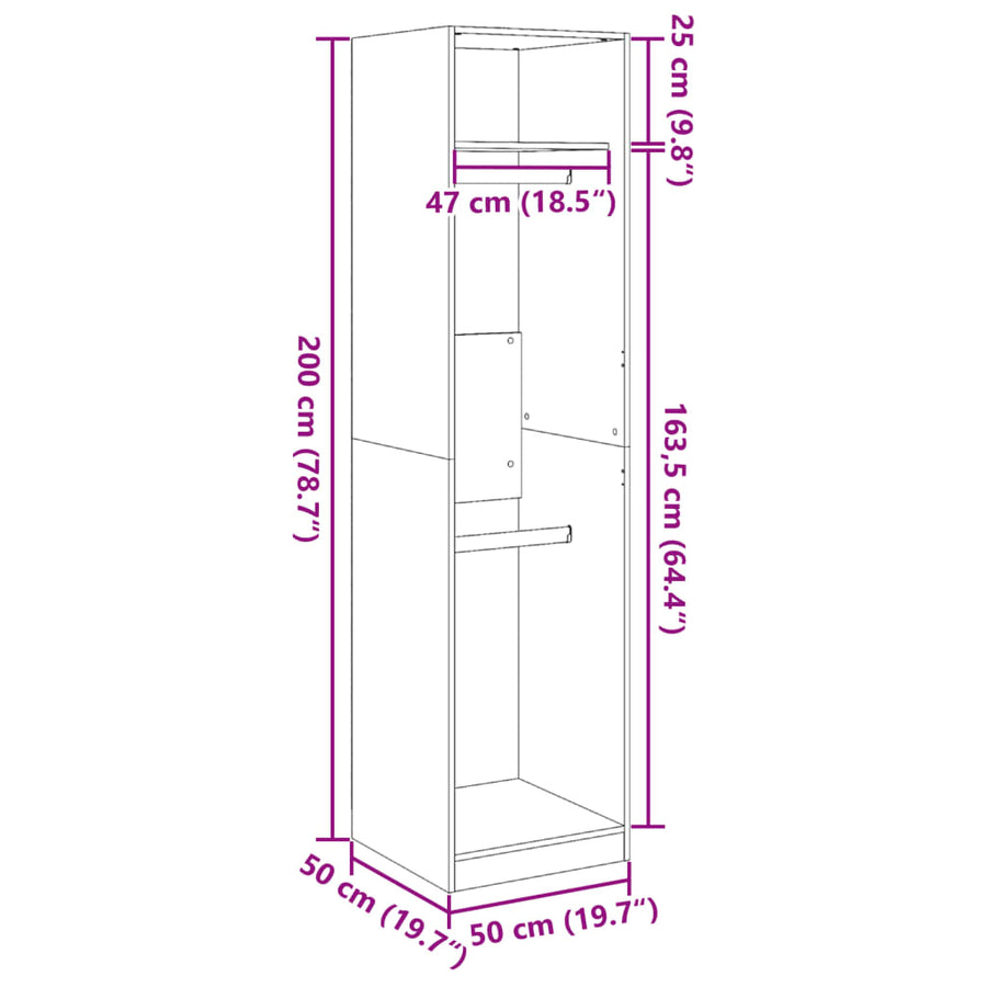 Kledingkast 50x50x200 cm bewerkt hout artisanaal eikenkleurig