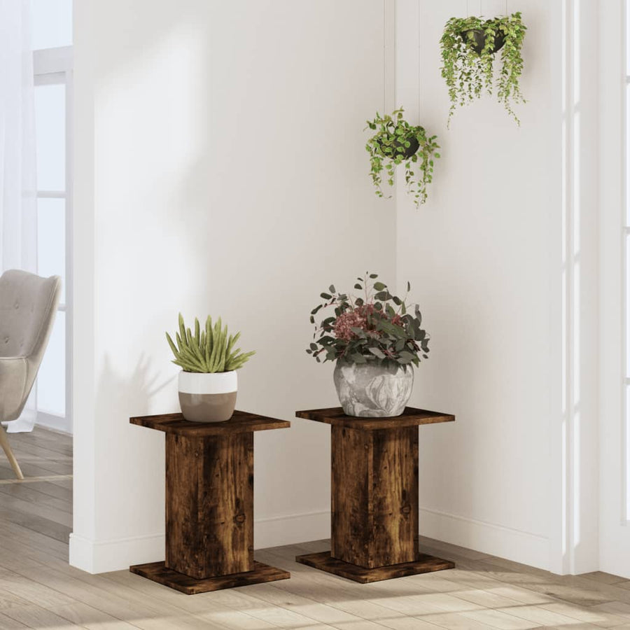Plantenstandaards 2 st 30x30x40 cm bewerkt hout gerookt eiken
