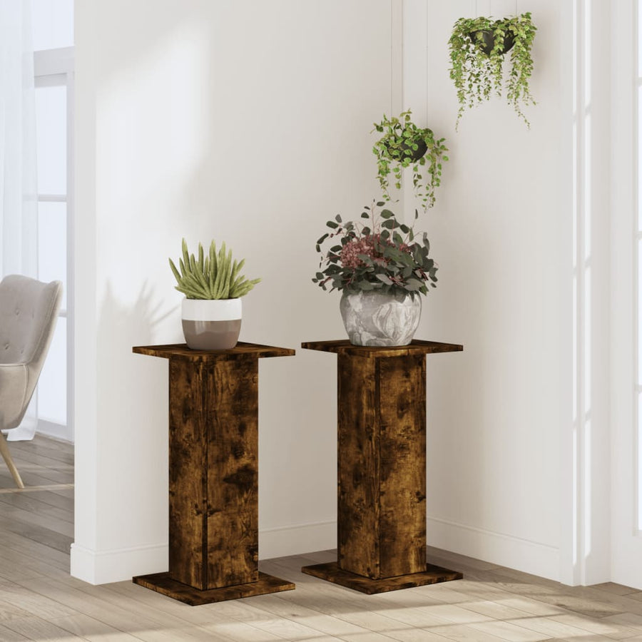 Plantenstandaards 2 st 30x30x60 cm bewerkt hout gerookt eiken