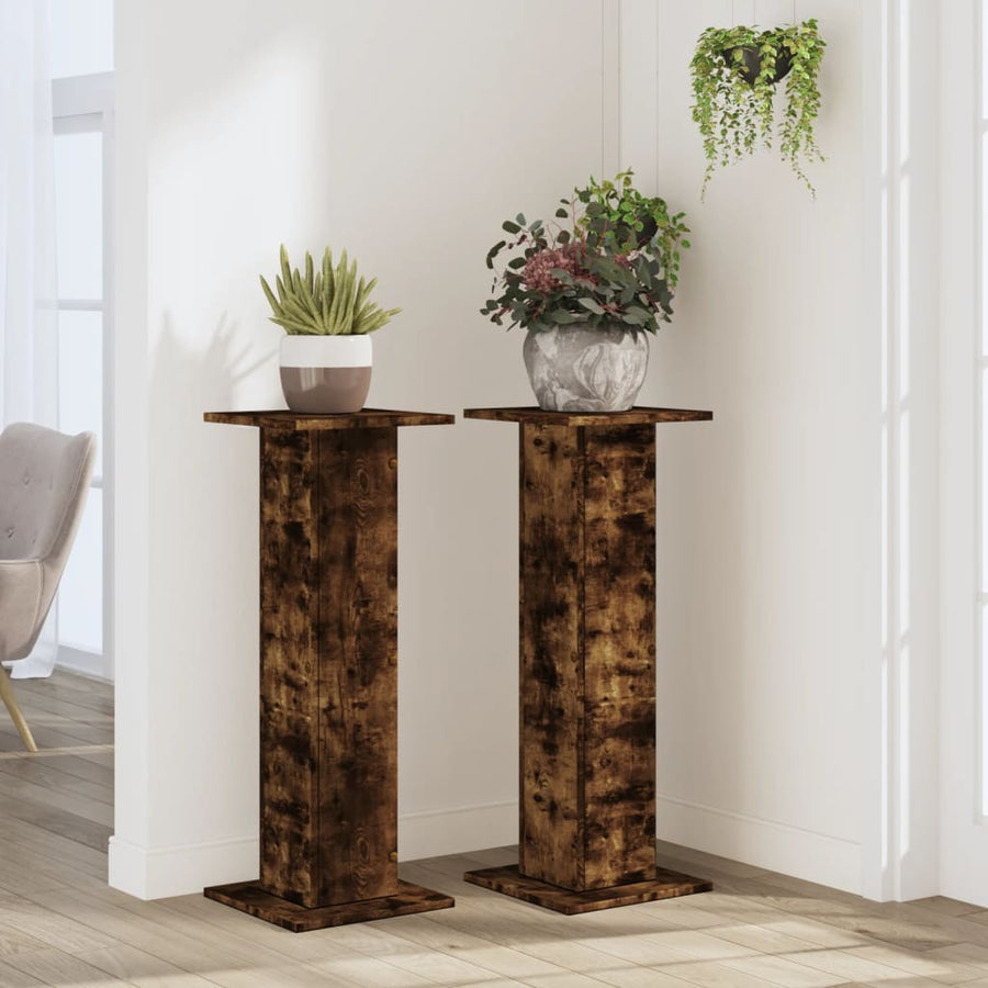 Plantenstandaards 2 st 30x30x80 cm bewerkt hout gerookt eiken