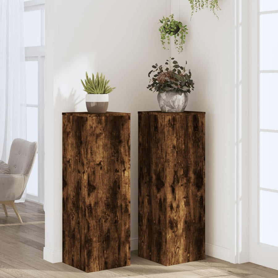 Plantenstandaards 2 st 33x33x100 cm bewerkt hout gerookt eiken