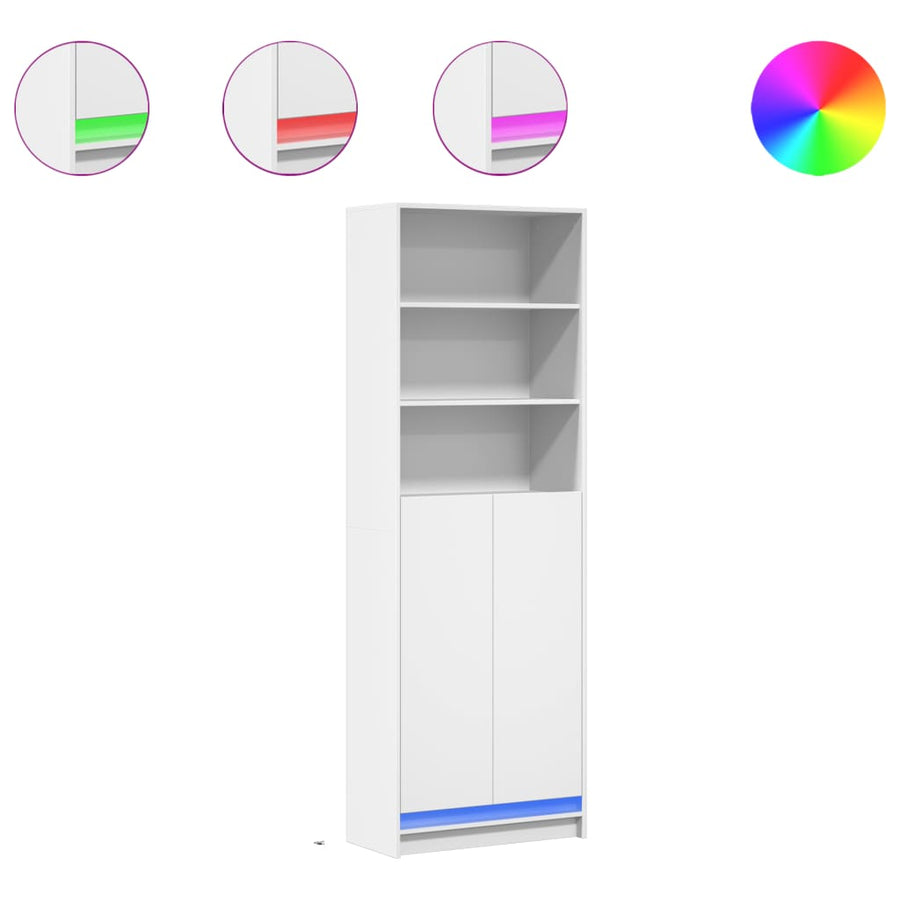 Hoge kast met LED 69x32,5x200 cm bewerkt hout wit