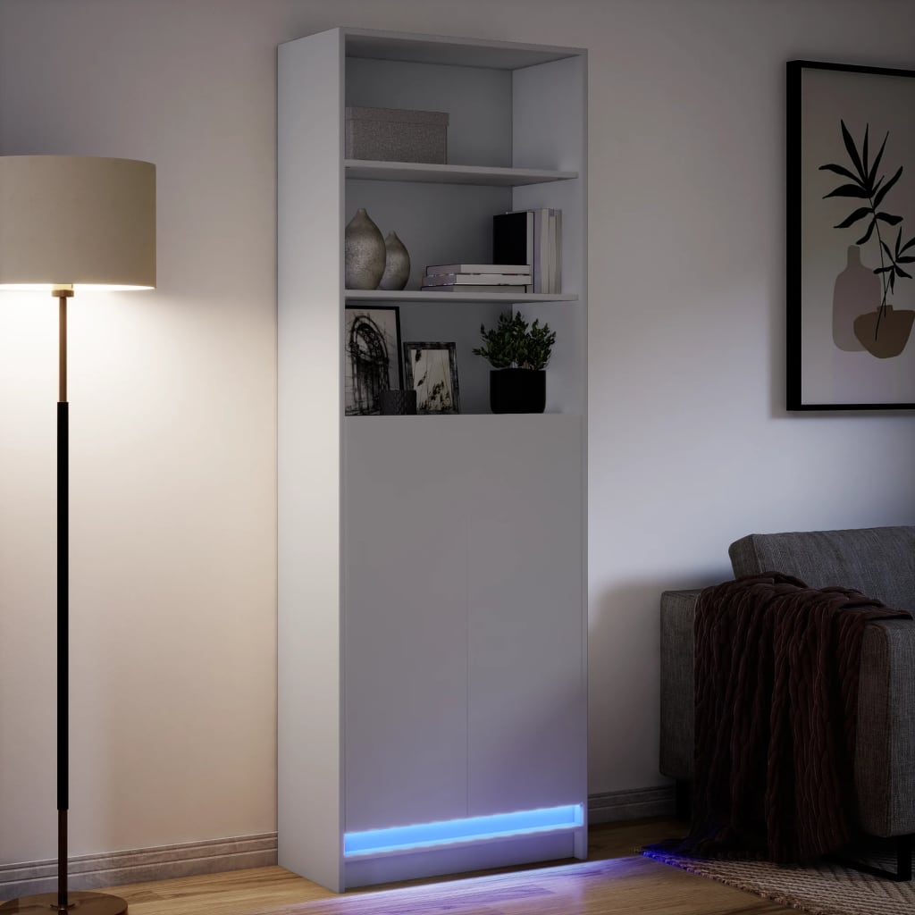Hoge kast met LED 69x32,5x200 cm bewerkt hout wit