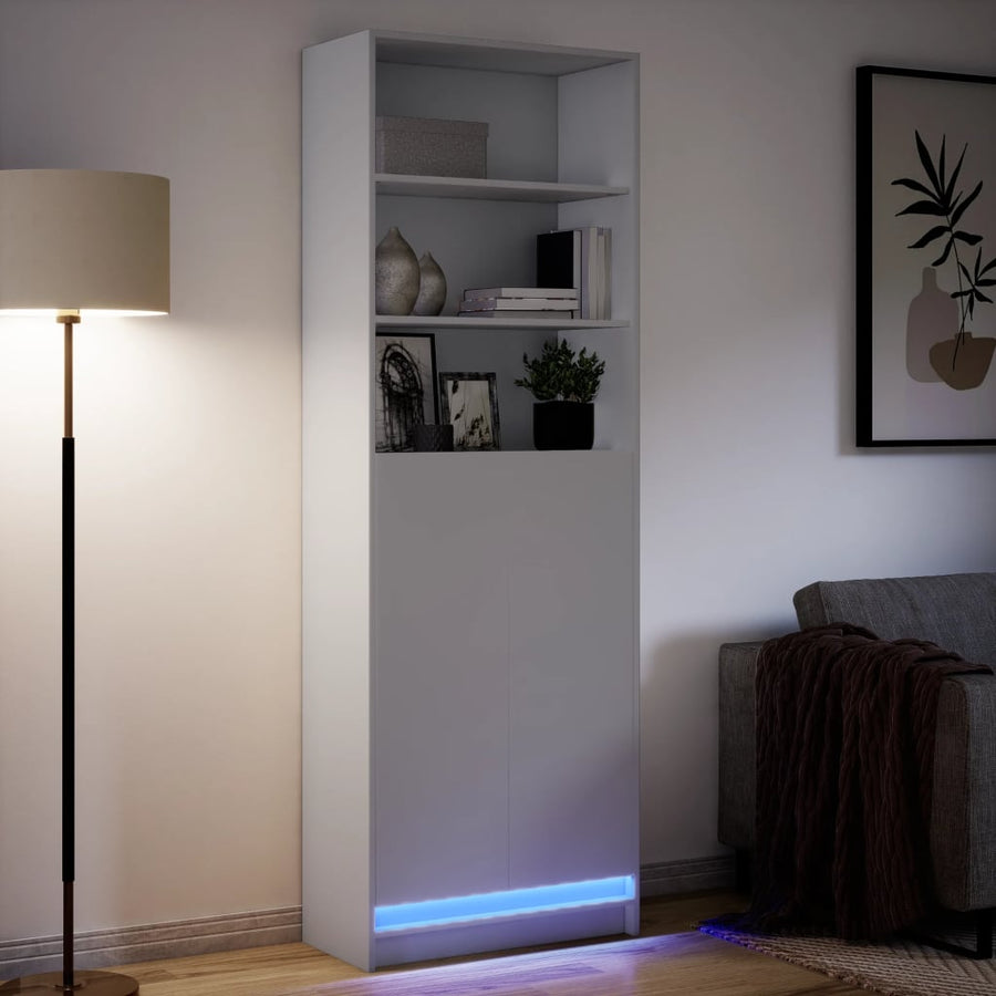 Hoge kast met LED 69x32,5x200 cm bewerkt hout wit
