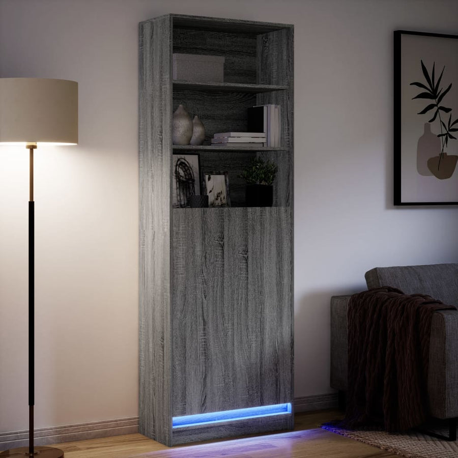 Hoge kast met LED 69x32,5x200 cm bewerkt hout grijs sonoma