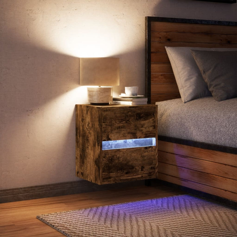 Nachtkastje met LED's wandgemonteerd gerookt eikenkleurig