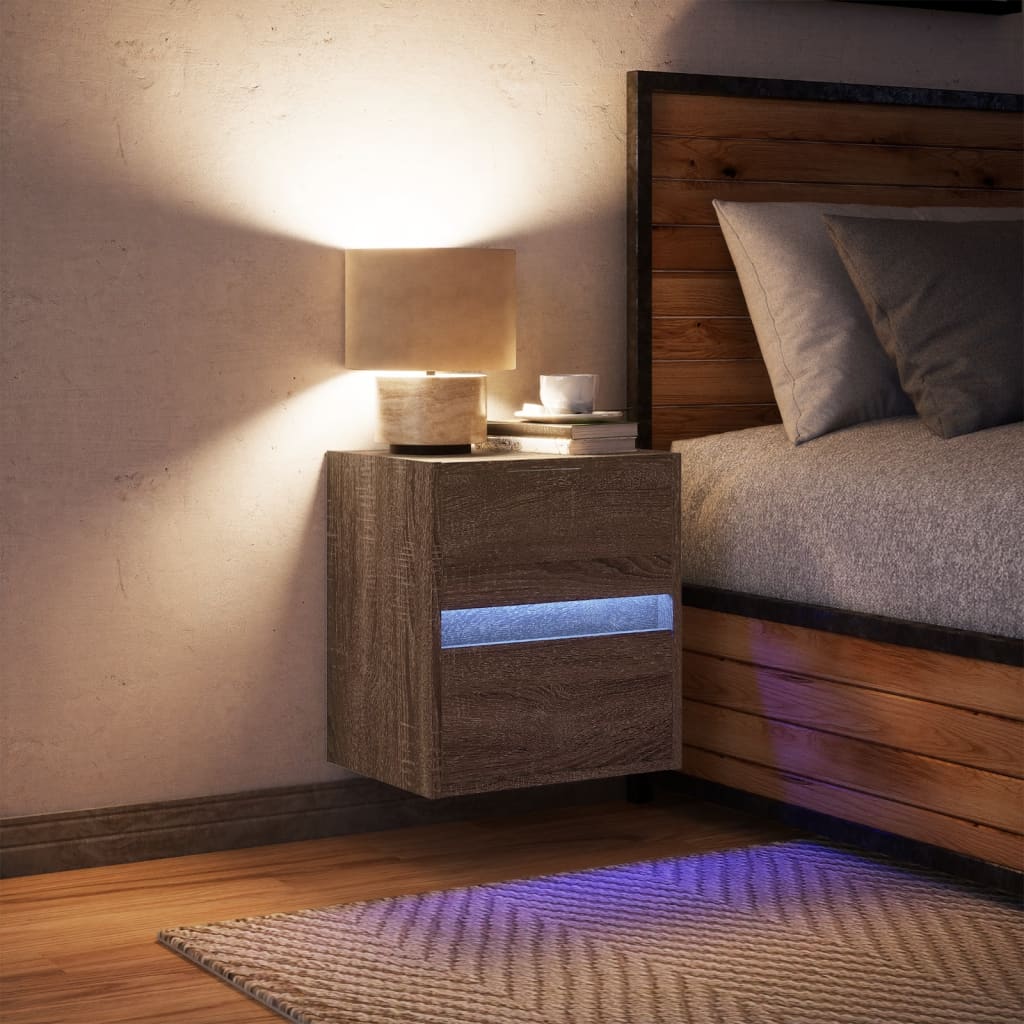 Nachtkastje met LED's wandgemonteerd bruin eikenkleur