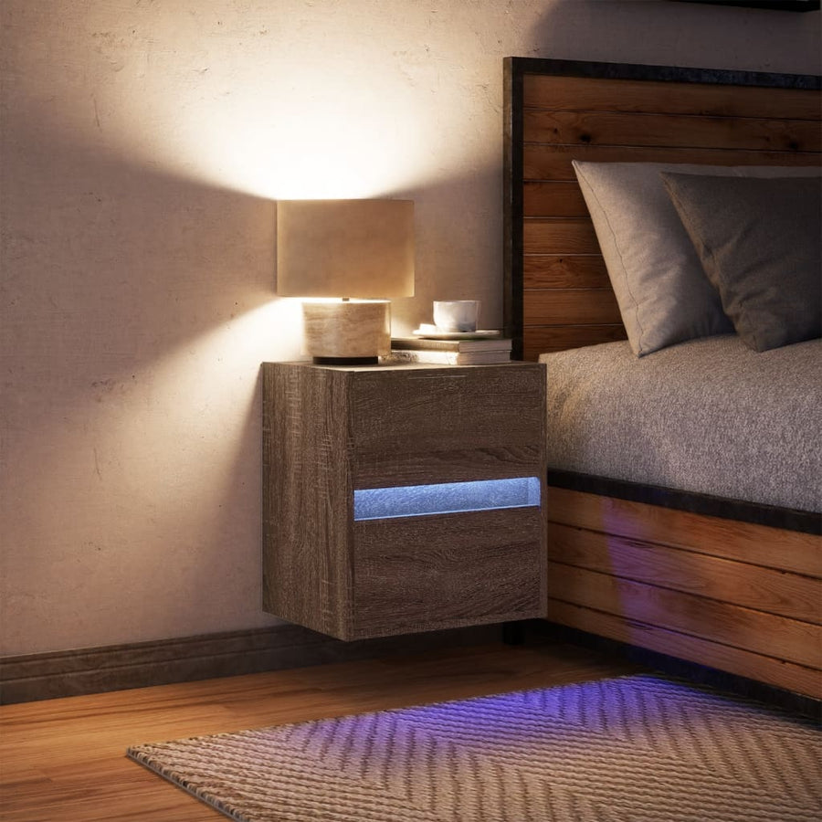 Nachtkastje met LED's wandgemonteerd bruin eikenkleur