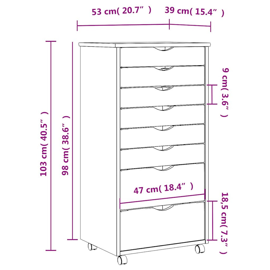 Ladekast Moss Verrijdbaar Massief Grenenhout Zwart 53 x 39 x 103 cm