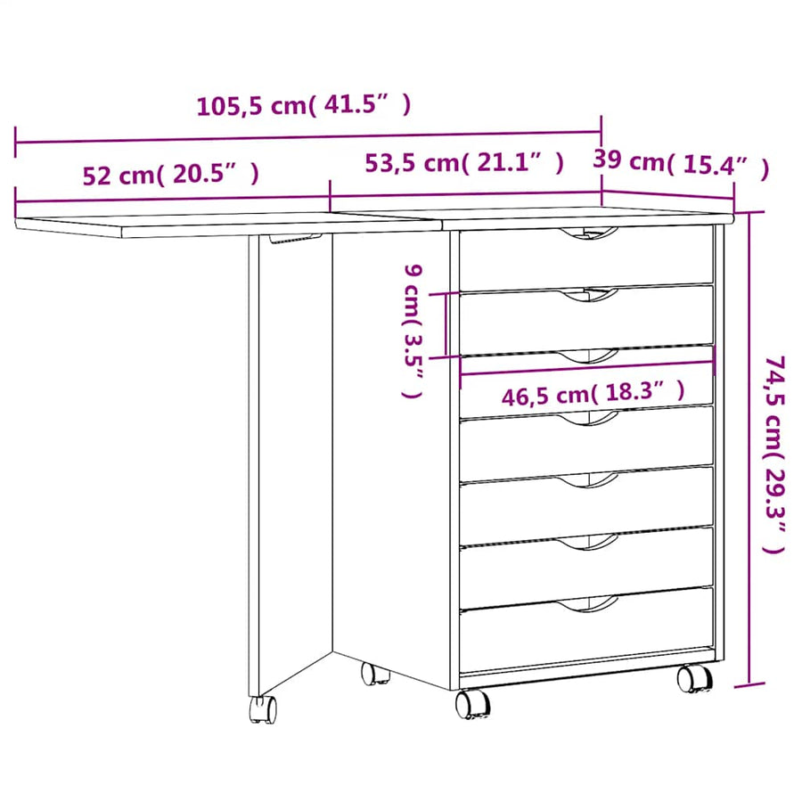 Rolkast met bureau MOSS massief grenenhout zwart