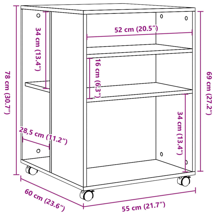 Bijzettafel met wieltjes 55x60x78 cm bewerkt hout betongrijs