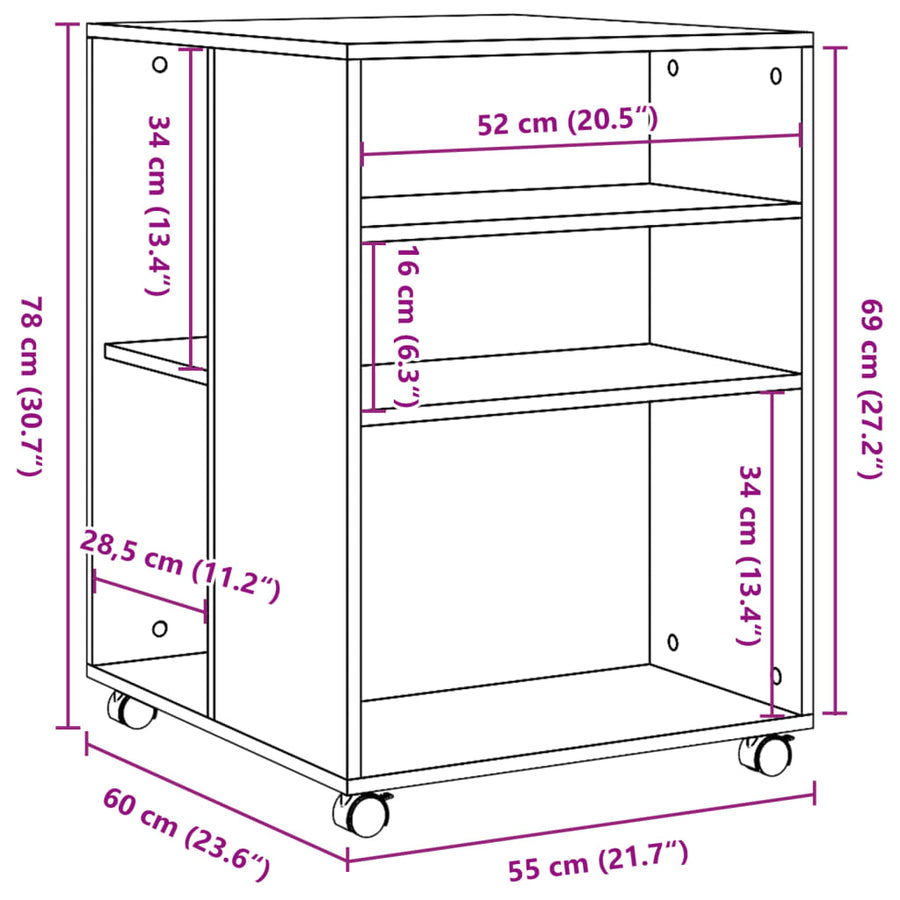 Bijzettafel met wieltjes 55x60x78 cm bewerkt hout oud houtkleur