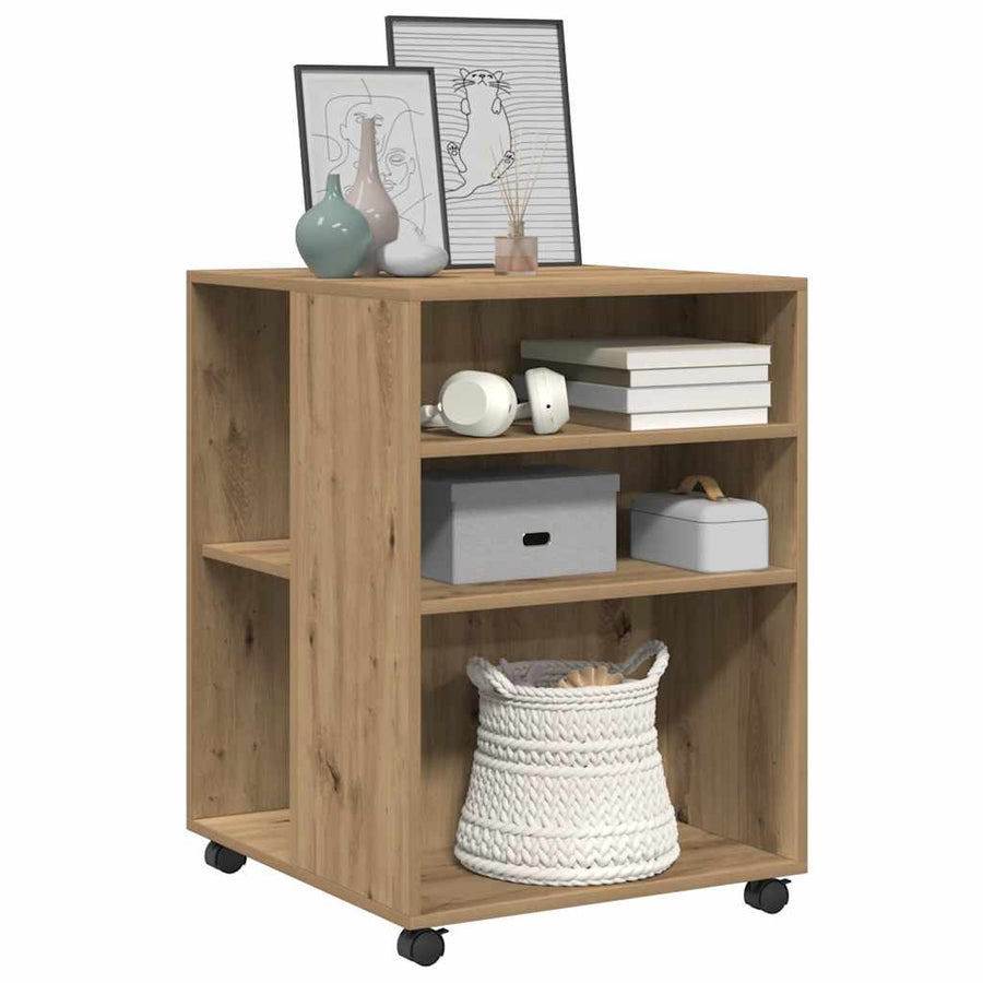 Bijzettafel met wieltjes 55x60x78 cm hout artisanaal eikenkleur
