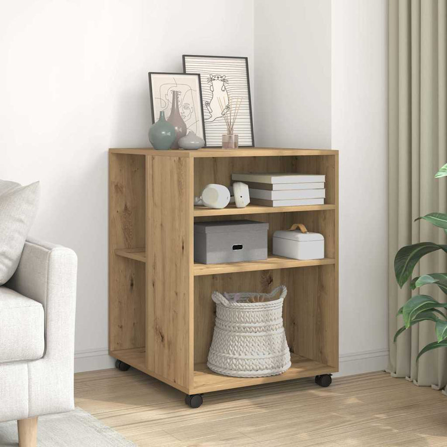 Bijzettafel met wieltjes 55x60x78 cm hout artisanaal eikenkleur