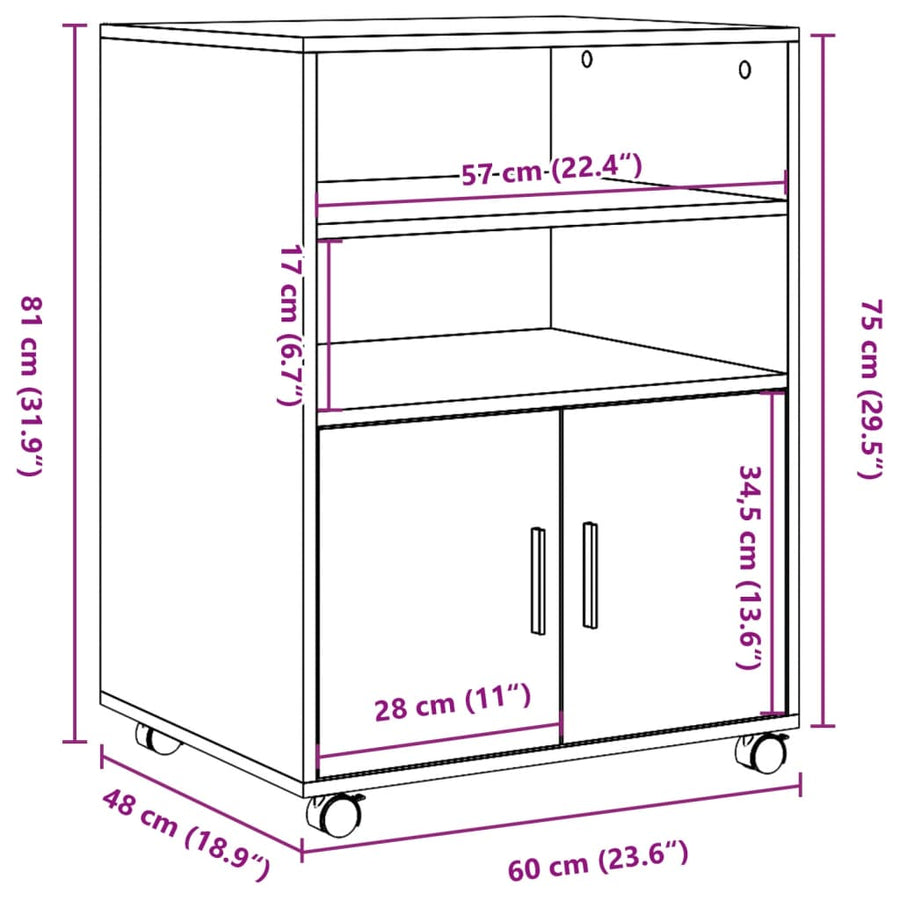 Rolkast 60x48x81 cm bewerkt hout betongrijs