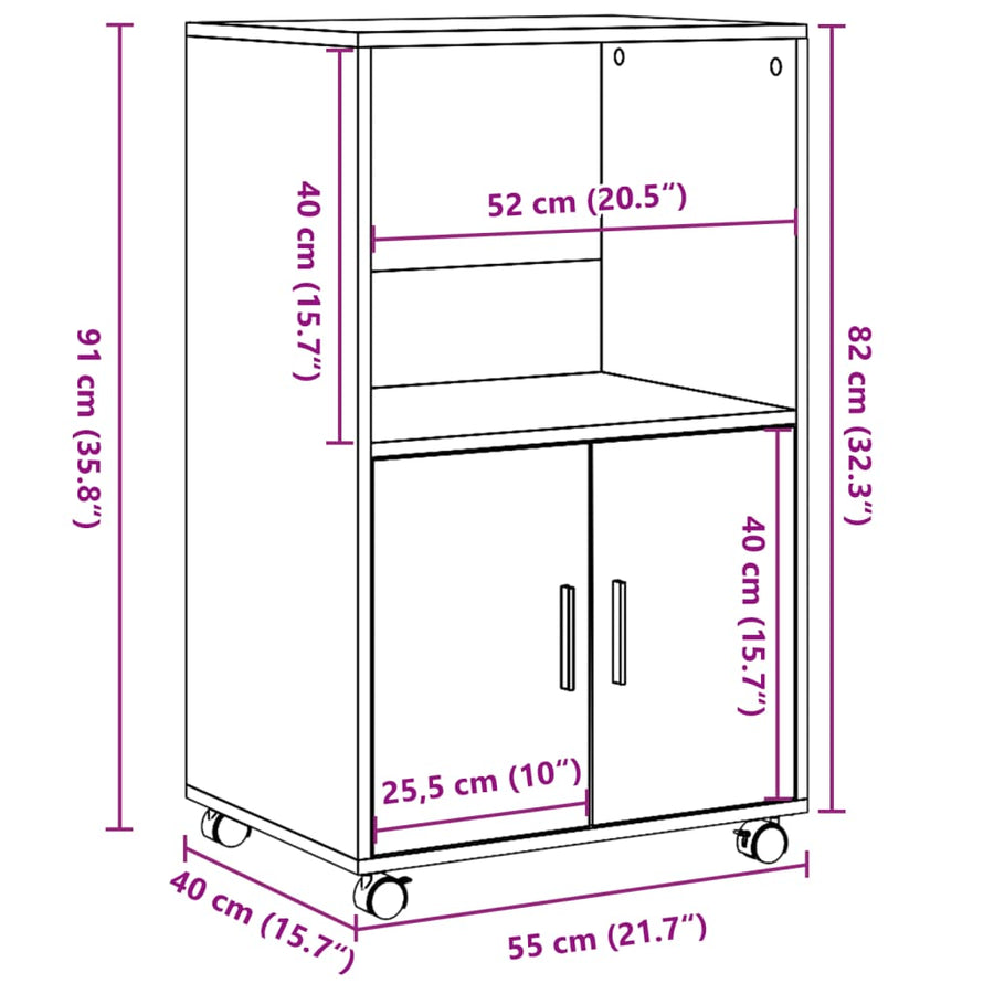 Rolkast 55x40x91 cm bewerkt hout wit