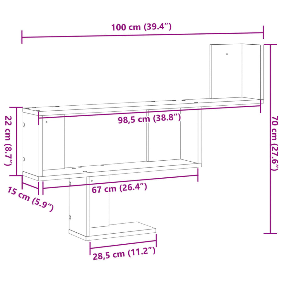 Wandschap 100x15x70 cm bewerkt hout grijs sonoma eikenkleurig