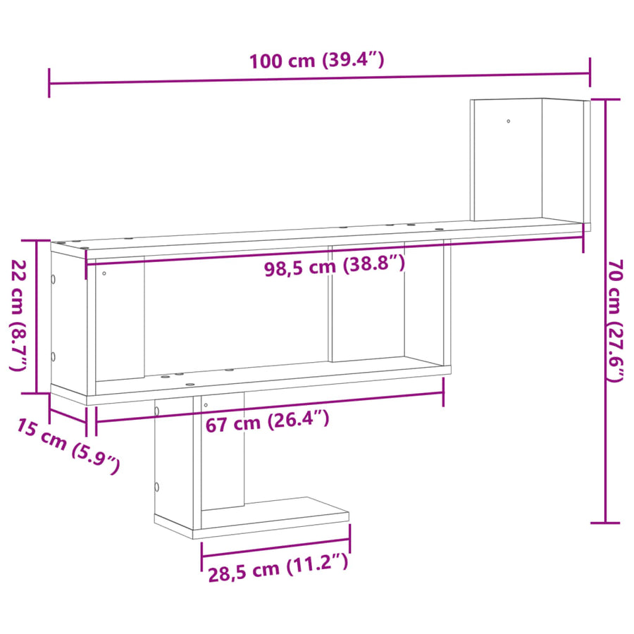 Wandschap 100x15x70 cm bewerkt hout artisanaal eikenkleurig