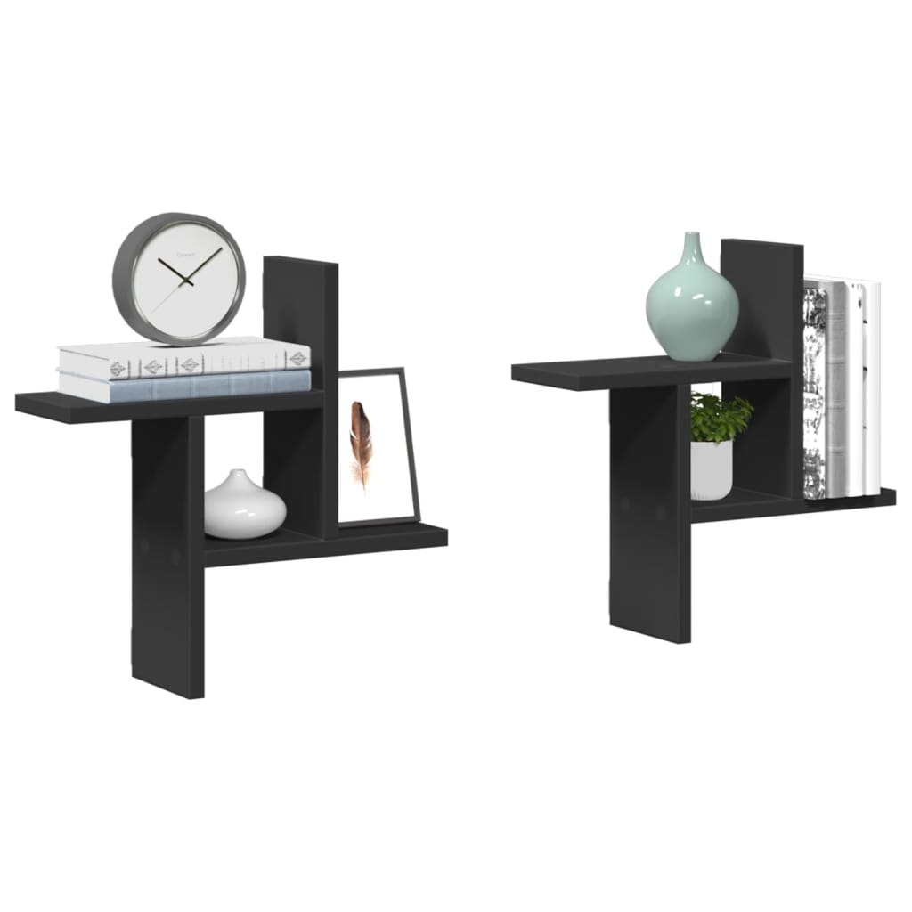Wandschappen 2 st 38x12x38 cm bewerkt hout zwart