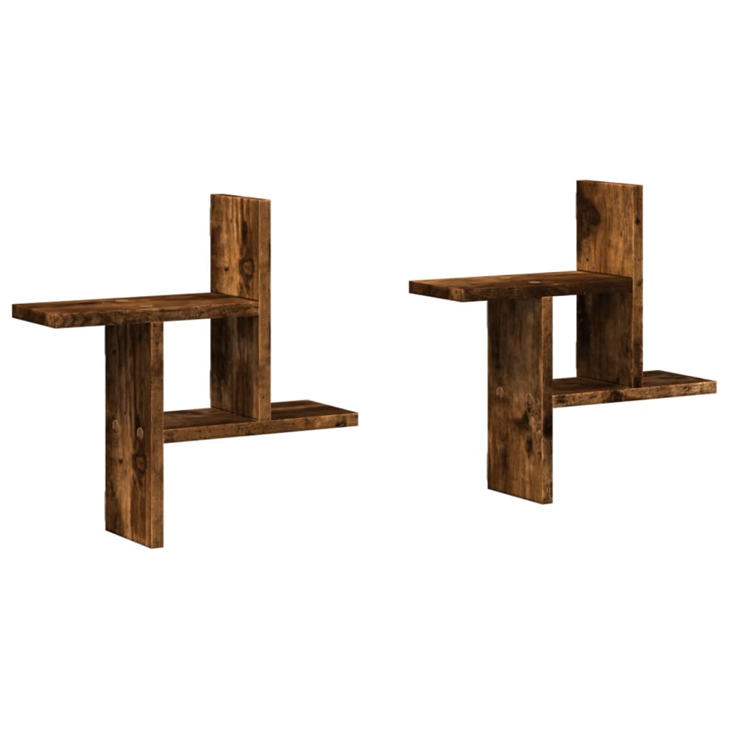 Wandschappen 2 st 38x12x38 cm bewerkt hout gerookt eikenkleurig
