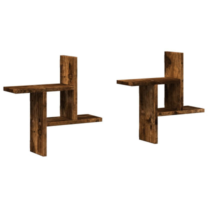 Wandschappen 2 st 38x12x38 cm bewerkt hout gerookt eikenkleurig