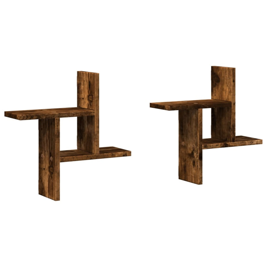 Wandschappen 2 st 38x12x38 cm bewerkt hout gerookt eikenkleurig