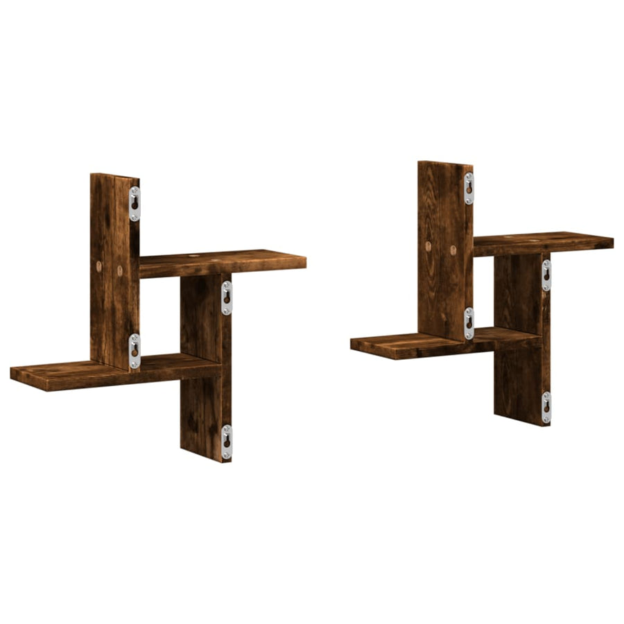 Wandschappen 2 st 38x12x38 cm bewerkt hout gerookt eikenkleurig