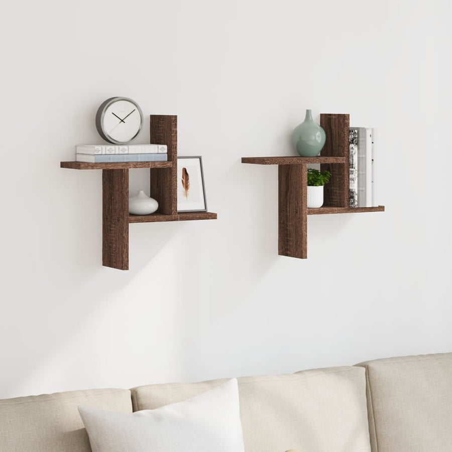 Wandschappen 2 st 38x12x38 cm bewerkt hout bruin eikenkleurig